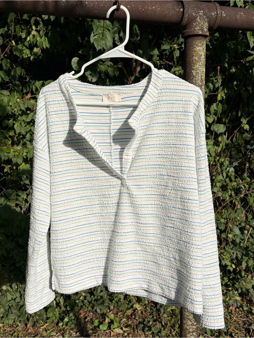 LOFT Cream Striped Long-Sleeve V-Notch Knit Top - Picture 3 of 6
